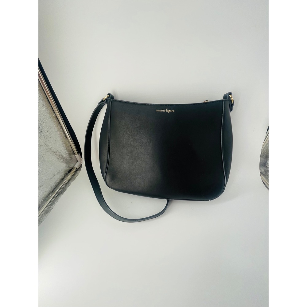 Nanette Lepore Navy Blue Monogram Crossbody Bag Stripe Zip Top Shoulder Purse - Picture 4 of 6